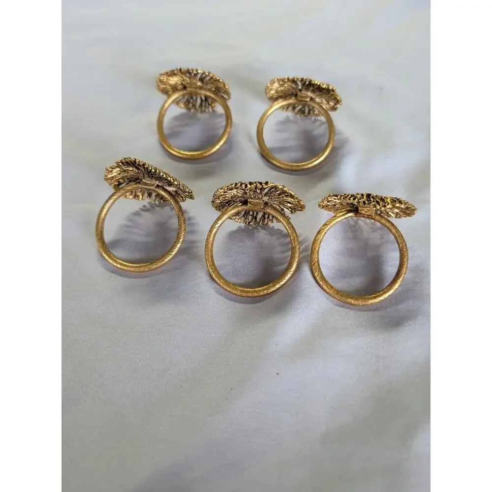 Christmas Napkin Rings 5 Gold Color White Enamel Starburst Party Dinner Bling